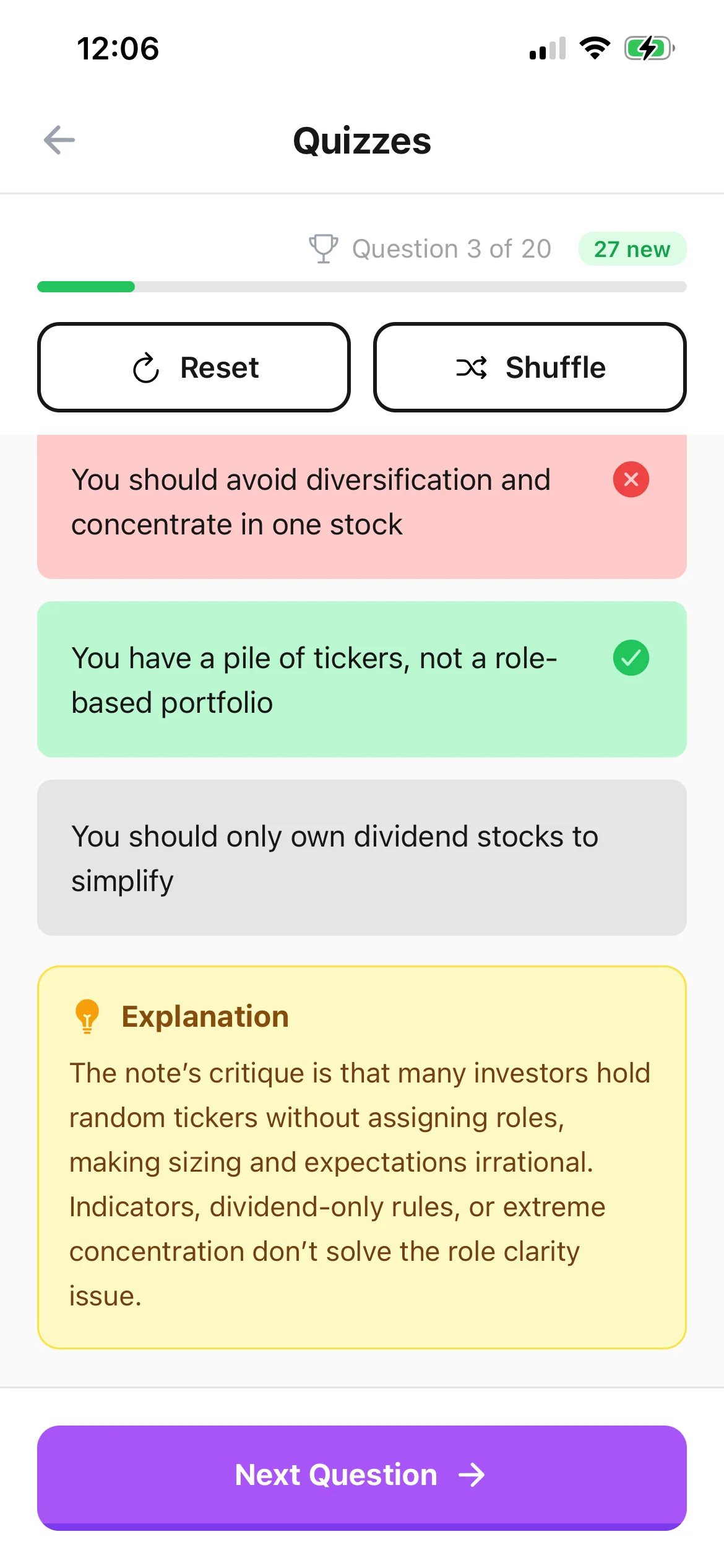 BrainDen quiz with answer feedback and explanation